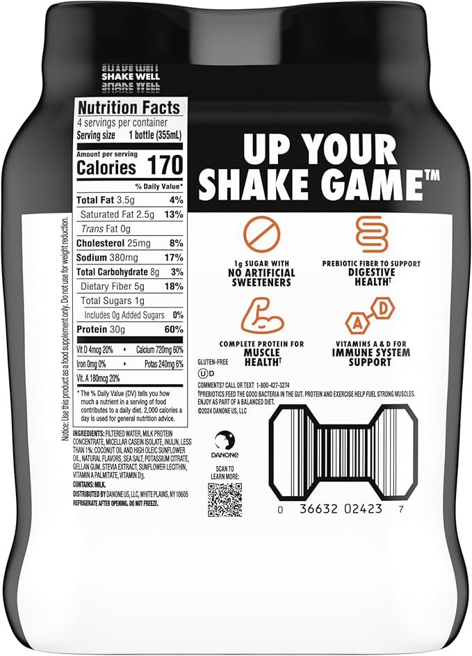 Oikos Protein Shake, Salted Caramel, 30g High Protein Drinks, Shelf Stable, Ready to Drink, 5g Prebiotic Fiber, 12 fl oz Bottle, 4 Count