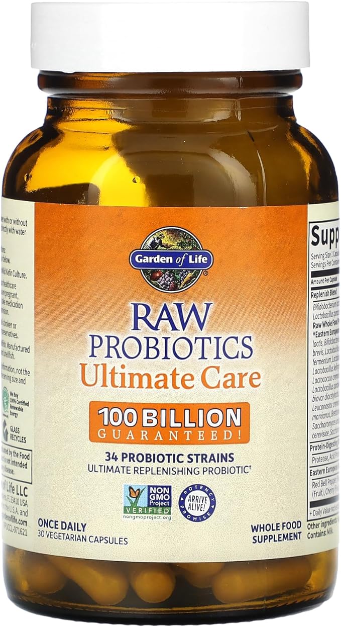 Garden of Life Probiotics for Women and Men Raw Probiotics Ultimate Care 100 Billion CFU Probiotic Supplement, Daily Probiotic for Adults with Digestive Enzymes, 30 Capsules