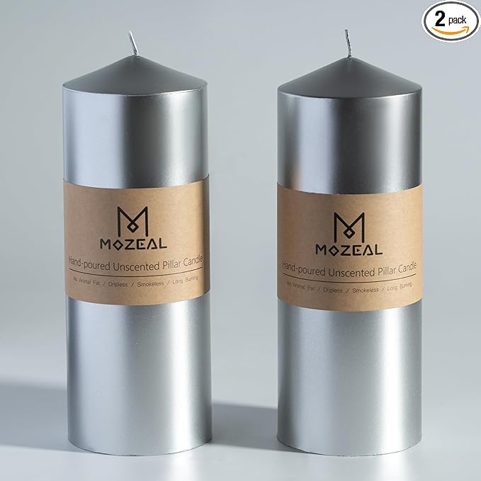 MOZEAL 3" x 8" Hand-Poured Unscented Candles,Large Silver Pillar Candles Set of 2,No Drip,Approx 120 Hours Long Burning,Wedding,Dinner,Christmas and Home Decor（3 Inch Diameter 8 Inch Height）
