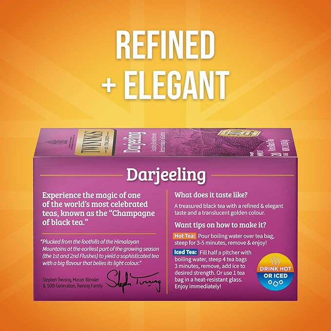 Twinings Darjeeling Black Tea Individually Wrapped Bags, 20 Count (Pack of 1), Delicate Light Taste, Caffeinated, Enjoy Hot or Iced, 20 Teabags