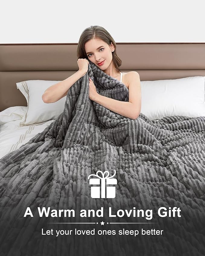 Sherpa Fleece Weighted Blanket with Ribbed Stripes for Adults, 15 lbs Dual Sided Cozy Warm Blanket for Couch Full Size Bed, Ceramic Beads Heavy Thick Blankets Great for Sleep, Grey, 60" x 80"