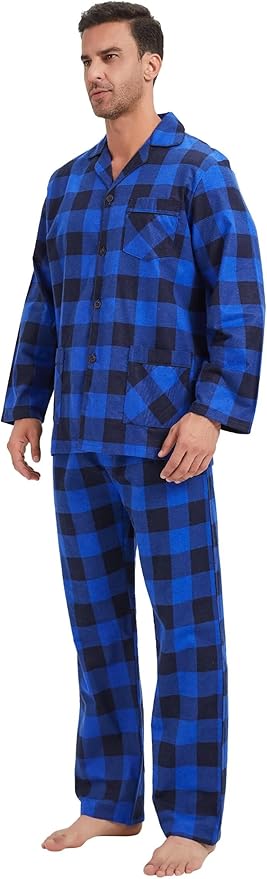 GLOBAL Men's Pajamas Sets 100% Cotton Flannel Sleepwear Long-Sleeve top & Bottom