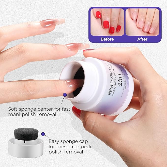Nail Polish Remover Pot 2 Fl Oz (60ml), Nourishing Formula with Sponge Soak Bottle & Sponge Lid Cap, Gentle Fast Removal for Regular Polish at Home & Salon