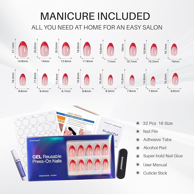 Red French Tip Press on Nails Short - Soft Gel Almond Nails for Women Gift, Fit Perfectly & Natural Glue on Nails with Glue in 16 Sizes - 32 Reusable Fake Nails, Red French