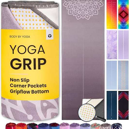 Yoga Grip Yoga Towel - Non Slip Hot Yoga Mat Towel With Corner Pockets, No-Skid Grip, and Built-in Alignment Lines | Soft, Moisture Wicking, and Sweat Absorbent | No Bunching, Stays in Place 72" x 25"