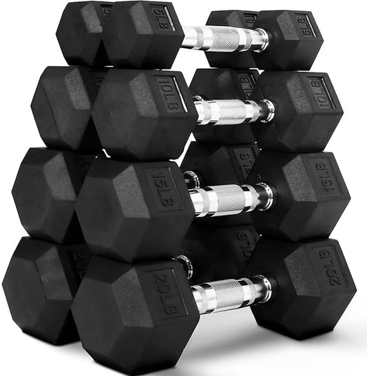 60 lb Dumbbells Set of 3 Pairs (5, 10, 15 lb) – Rubber Encased Hex Weight Dumbbell Set, Cast Iron Home Gym Equipment for Full-Body Strength Training