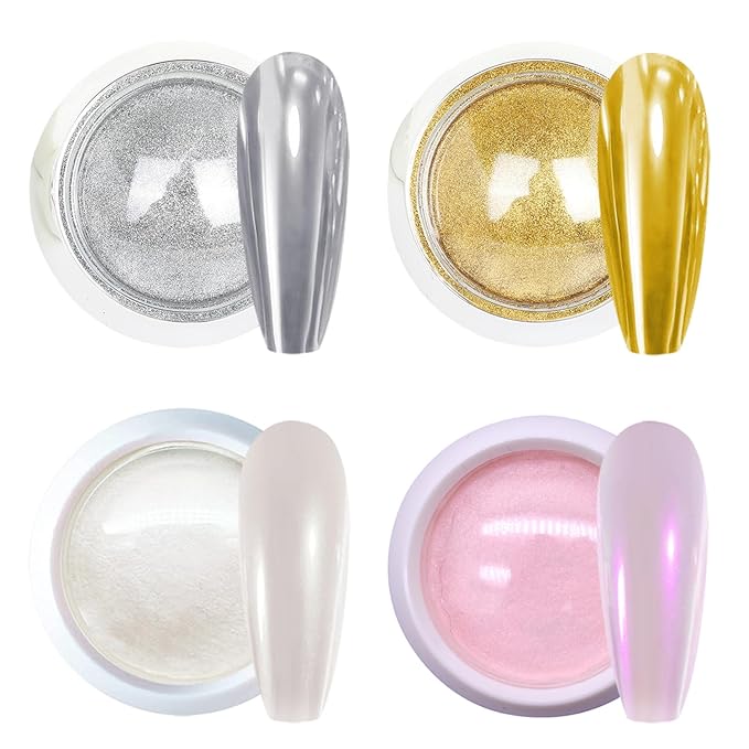 Chrome Nail Powder - 4 Jar Metallic Mirror Effect Pigment for Nail Gel Manicure DIY at Home Salon Women Gifts - Gold, Sliver, Glass Chrome, Pink Aurora