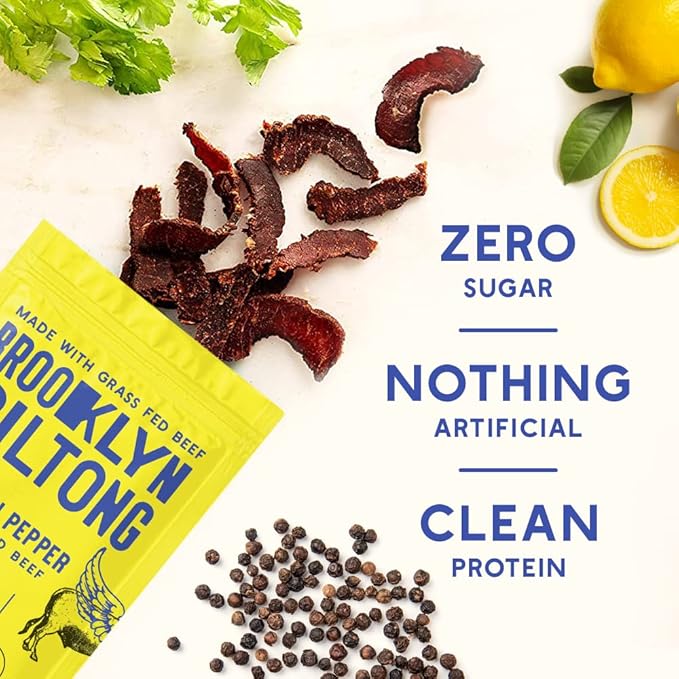 Brooklyn Biltong Air Dried Grass Fed Beef Snack, South African Beef Jerky (8oz, Pack of 2) - Whole30 Approved, Paleo, Keto, Gluten Free, Sugar Free, Made in USA - (Lemon Pepper)