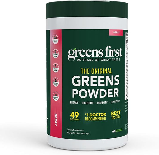 Greens First Original Greens Powder - 49 Superfoods - Organic Fruits & Veggies - Prebiotics, Probiotics & Digestive Enzymes - Antioxidant Smoothie - Dairy Free, Vegan & Non-GMO (Berry, 60 Servings)