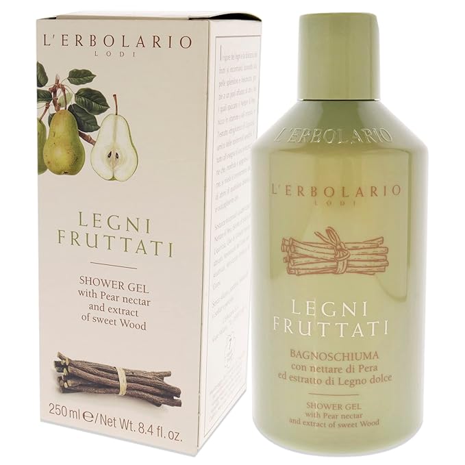 L'Erbolario Shower Gel – Nourishing and Moisturizing Body Wash - Woody Body Soap with Pear and Licorice for Sensitive Skin - Fruity Woods - 8.4 oz