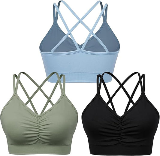 Women's Cross Back Sports Bra Padded Strappy Medium Support Yoga Bra for Workout Fitness 3 Pack