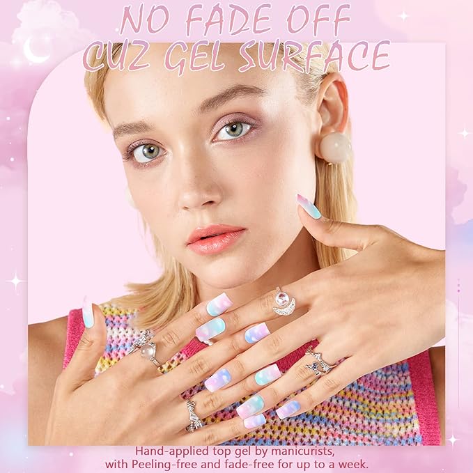 GLAMERMAID Blue Purple Pink Ombre Press on Nails Medium Square, Light Green Cloud Dull Polsih Gel False Nals with Design, Glue on Nails Kit for Women, Reusable Stick on Acrylic Fake Nails Manicure Set