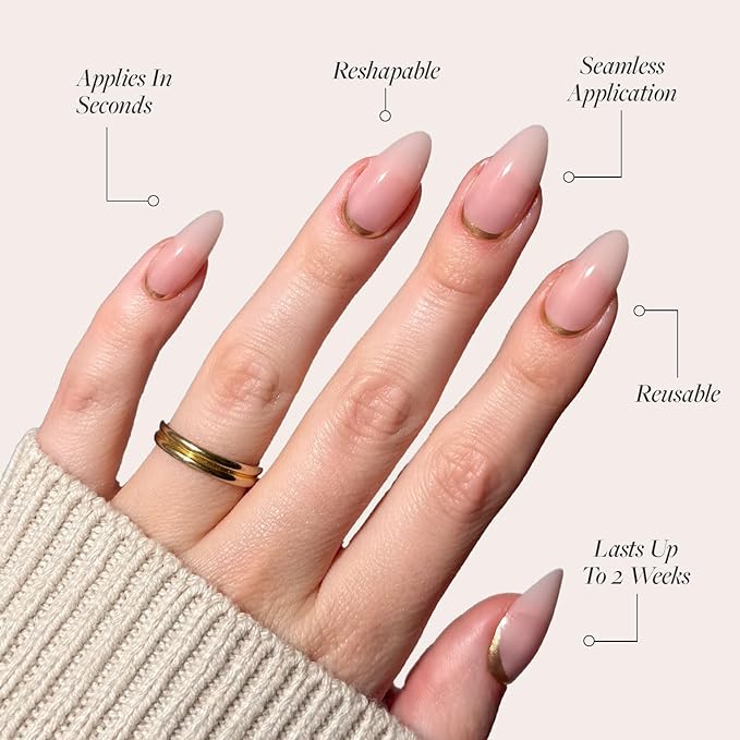 Glamnetic Press On Nails - Goal Getter | Medium Almond Fake Nails and Neutral Gold Reverse French Tip, Salon Quality | 15 Sizes - 30 Nail Kit Wtih Glue