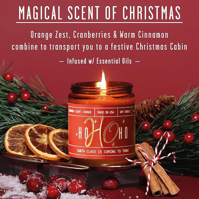Christmas Candles for Holiday - 'Ho Ho Ho' Christmas Scented Candles, w/Clove, Orange & Cinnamon Candle I Stocking Stuffers for Women I 9oz Reusable Jar, 50Hr Burn, USA Made