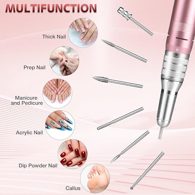 Professional Nail Drill Machine, HoMove 35000RPM Portable Nail Drills, Rechargeable Efile Nails Drill, Low Heat Electric Nail File for Acrylic Gel Nails(Rose Gold)
