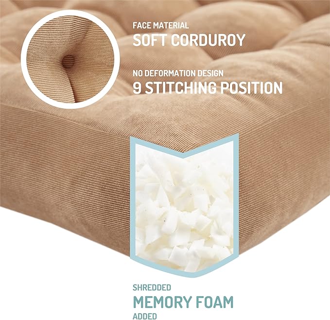 Meditation Floor Pillow Set of 2, Square Large Pillows Seating for Adults, Tufted Corduroy Cushion for Living Room Tatami, Coffee Brown 22x22 Inch