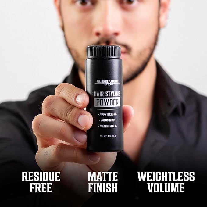 Viking Revolution Sea Salt Spray for Hair Men (8fl oz), Hydrating Hair Oil for Men with Vitamin E (3.38fl oz) and Styling Powder (1oz) - Mens Styling Texturizing Kit