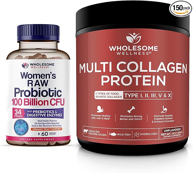 Wholesome Wellness Probiotics for Women 100 Billion CFUs with Prebiotics, Digestive Enzymes + Multi Collagen Protein Powder Hydrolyzed (Type I II III V X) Bundle