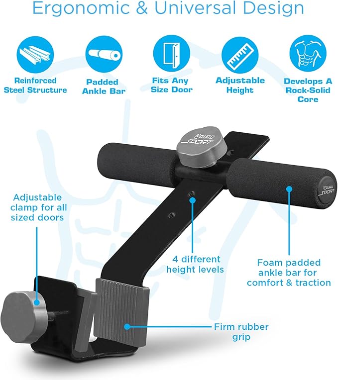 Aduro Sport Doorway Sit-Up Exercise Bar, Adjustable Reinforced Steel with Padded Ankle Bar, Perfect for Home Work or Travel - Fits Any Door