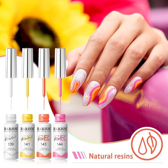 RARJSM Gel Liner Nail Art 24 Pieces 5ml Gel Art Liners for Nails Pink Red Green Yellow Silver Gold Glitter Summer Fall Nude Colors Painting Striping Gelpolish Thin Brush UV Soak off Curing Needed