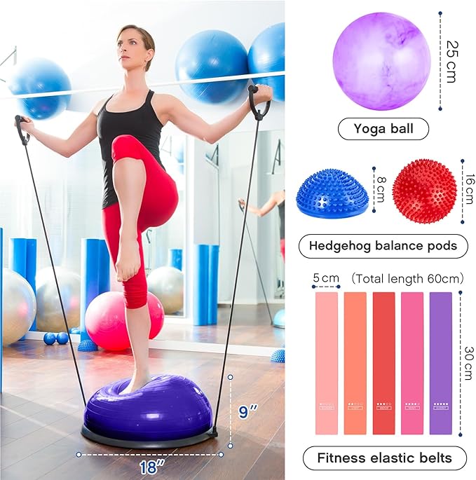 Honoson Half Ball Trainer Yoga Ball with Resistant Band Foot Pump Set, Half Exercise with Fitness Elastic Belt Hedgehog Balance Pods for Core Stability Full Body Workout Gym