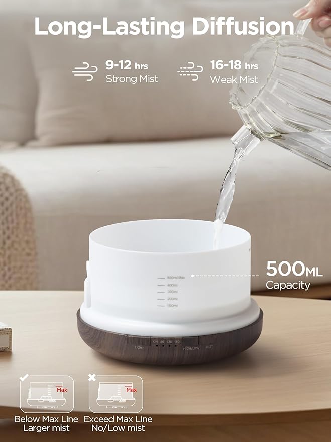 InnoGear Aromatherapy Diffuser & 10 Essential Oils Set, 500ml Essential Oil Diffuser with Remote Control Ultrasonic Cool Mist Scent Humidifier Vaporizer Auto-Off Timer for Room Office Home, Brown
