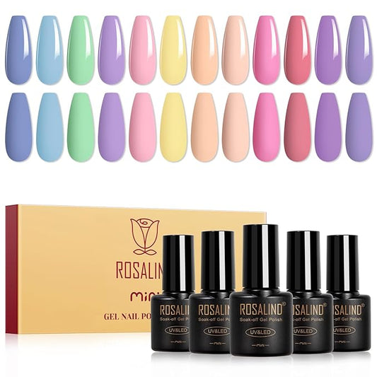 ROSALIND Pastel Gel Nail Polish Set, 12 Colors Pink Purple Blue Gel Polish Macaron Light Colors Pink Yellow Gel Polish Set Soak Off Spring Summer Rainbow Gels Polish Collection for Nail Art Gift