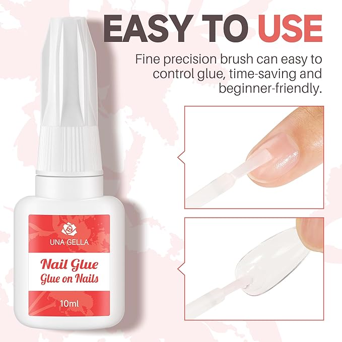 UNA GELLA Super Strong Nail Glue for Nail Tips Acrylic Nails Press On Nails Nail Bond Brush On Long Lasting Nail Glue for Broken Nails Repair Fake Nails Tips Nail Adhesive Bond 10ml/0.33oz