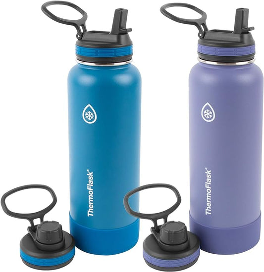 ThermoFlask Bottle with Spout Lid - Stainless Steel Water Bottles with Double-Wall Insulation & BPA-Free Spout Lids - Leak-Proof Reusable Bottles & Lids - 40 oz, Superior Blue / Mauve (2 Pack)