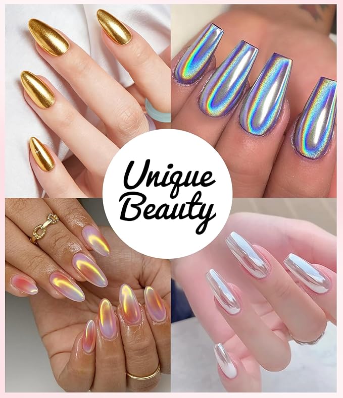Gold Chrome Nail Powder - Sparkly Laser Holographic Nail Powder Metallic Mirror Effect Aurora Nail Chrome POwder, White Pearl Pigment Holo Iridescent Glitter Dust Kit, Nail Art Decoration
