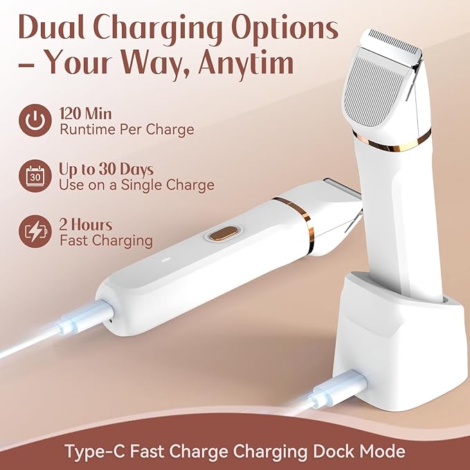 5-in-1 Bikini Trimmer for Women, IPX7 Waterproof Electric Razors Shaver, Cordless Body Hair Trimmer, Facial & Pubic Hair Removal, Ceramic Blade (White)