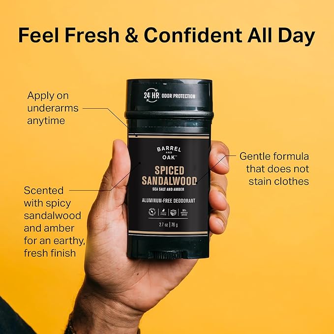 Barrel & Oak Aluminum Free Deodorant for Men, Natural Men's Deodorant with Sea Salt & Amber Essential Oil for Delicate Skin, Grooming Kit Gifts for Men, Spiced Sandalwood, 2.7 oz
