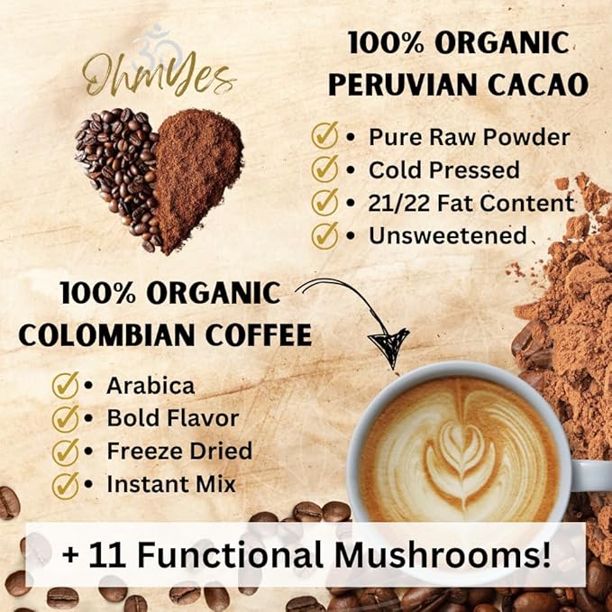 Ohmyes 11 Mushroom Coffee with Cacao – 11 USA Grown Adaptogenic Mushrooms for Focus, Clarity & Energy – Lion’s Mane, Reishi, Chaga + Nootropic Organic Superfood by OhmYes (7oz) - 99 Servings