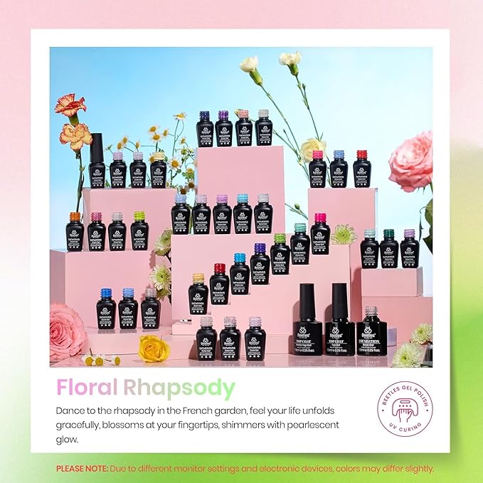 beetles Gel Polish Nail Set, 36 Colors Floral Rhapsody Collection Fall Orange Yellow Girly Sparkle Glitter Polish with 3Pcs Base Matte & Glossy Top Soak off Uv Lamp All Seasons Gifts for Her