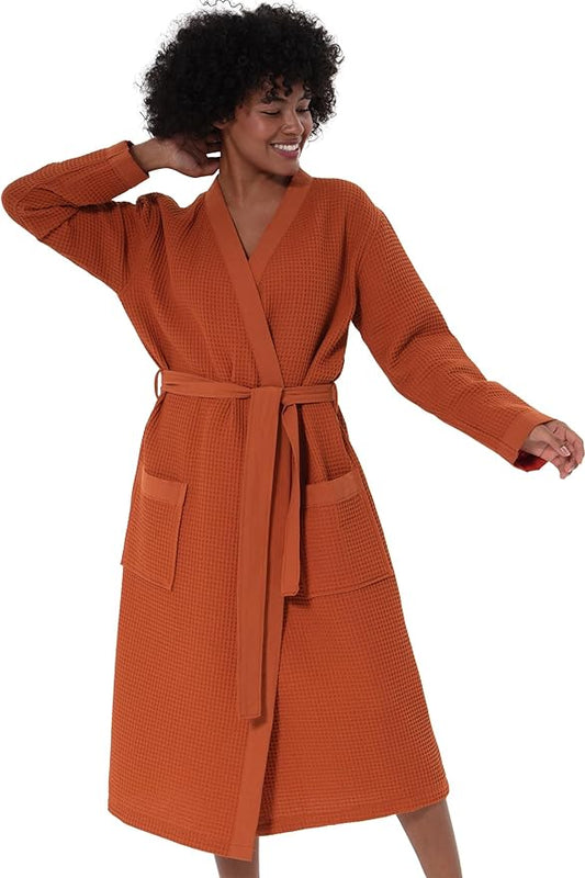 SEYANTE Women’s Luxury Waffle Shawl Collar, Hooded Robe w Piping – Lightweight, Long, Ultra Soft Spa Sleepwear Bathrobe