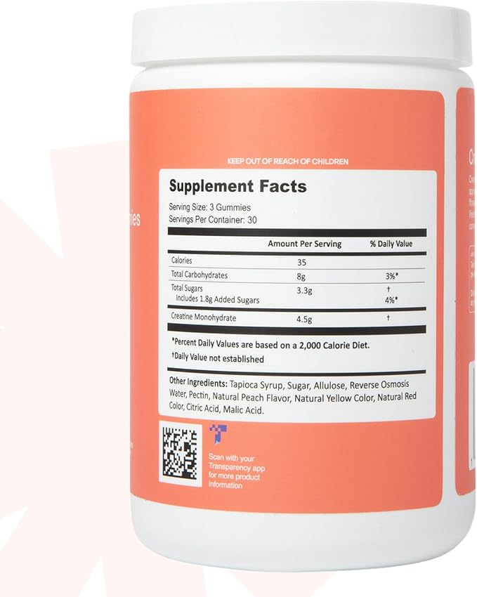 Create Creatine Monohydrate Gummies for Men & Women | 1.5g Creatine per Gummy for Muscle Strength, Endurance, Recovery, & Focus | Vegan, Non-GMO, Gluten-Free | Premium Sour Peach Flavor | 90 Count