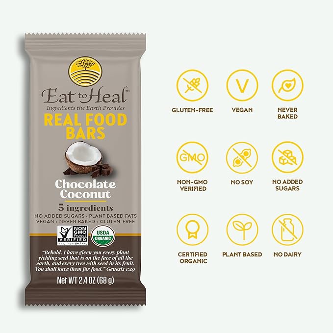 EatToHeal Chocolate Coconut Real Food Bar - Organic Vegan Healthy Gluten Free Protein Bars - Low Sugar Meal Replacement Bar, Non GMO, Never Baked, Plant Based - Crafted to Enjoy, Not Sit on Shelves