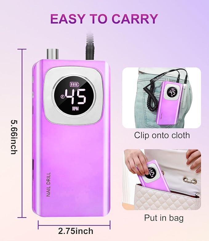 Electric Nail Drill Professional, 45000 RPM Rechargeable Nail Drill Kit, Electric Nail File for Acrylic, Manicure & Pedicure & Polishing Tools for Home Salon, Pink