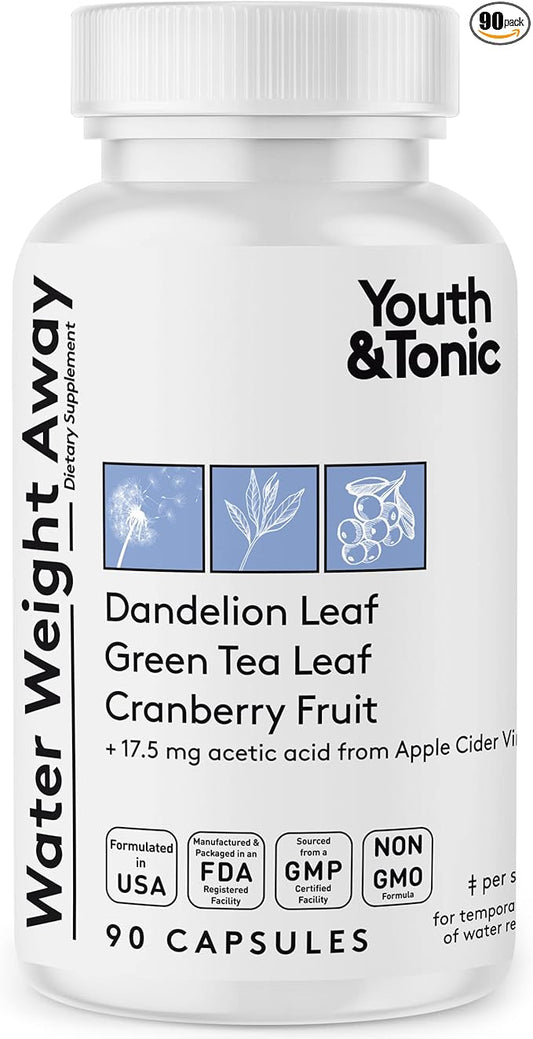 Youth & Tonic Water Weight Away – Natural Diuretic for Swelling, Belly Bloating & Fluid Retention – Herbal Water Pills for Women & Men, 90 Capsules