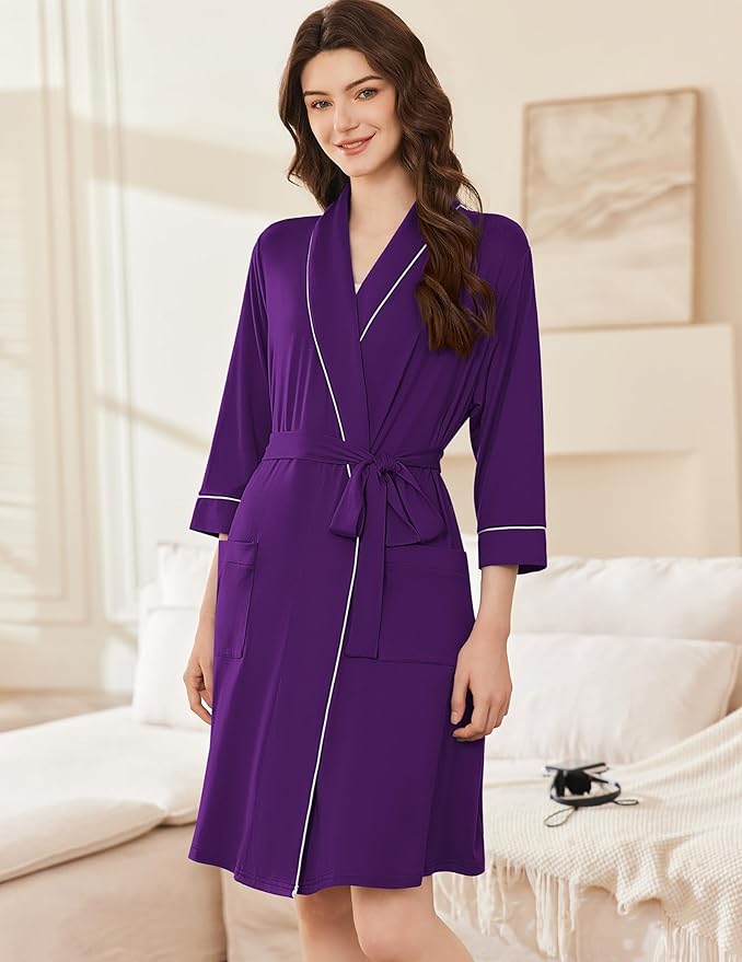 Ekouaer Women Robes Shawl Collar Bathrobe Short Kimono Robe Soft Knit Bathrobes Ladies Sleepwear with Pockets S-XXL