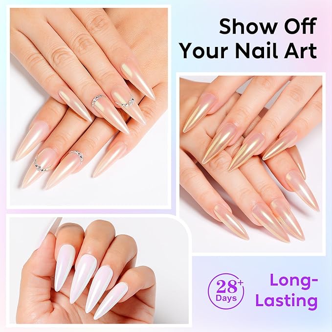 AIMEILI Pearl Chrome Nail Powder, Vegan, Cruelty Free, 6 Colors Aurora Metallic Holographic Mirror Effect Nail Art Pigment Iridescent Shell Glitter Nail Art