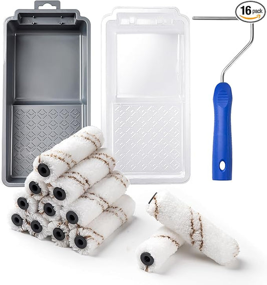 Mister Rui Paint Roller Kit, 16 Pack, 4 Inch Microfiber Paint Rollers, Small Paint Roller Covers, Disposable Paint Tray Liner and Frame, Mini Rollers for Painting Walls, Doors, Cabinets