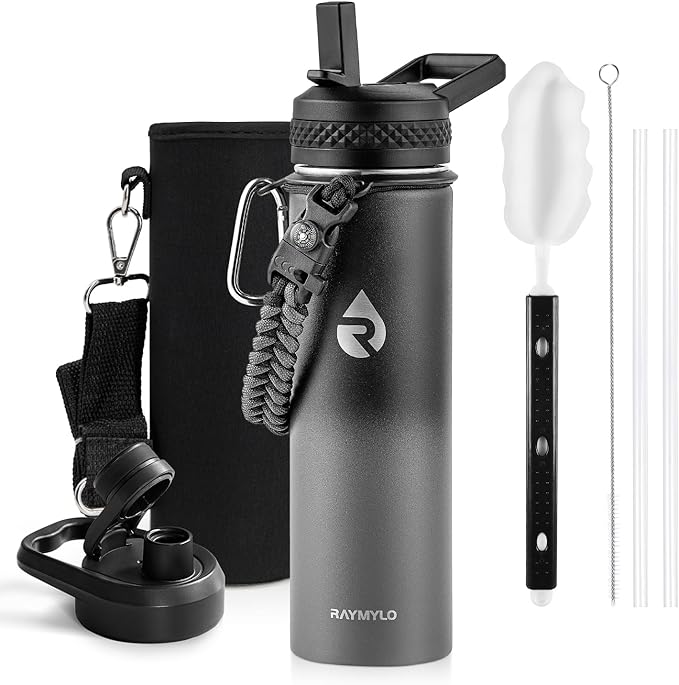 Insulated Water Bottle 20 oz, Triple Wall Vacuum Stainless Steel (Cold for 48 Hrs), Leak Proof & Non-BPA, Kids Water Bottle Jug for School with Straw Spout Lids, Dark Gray