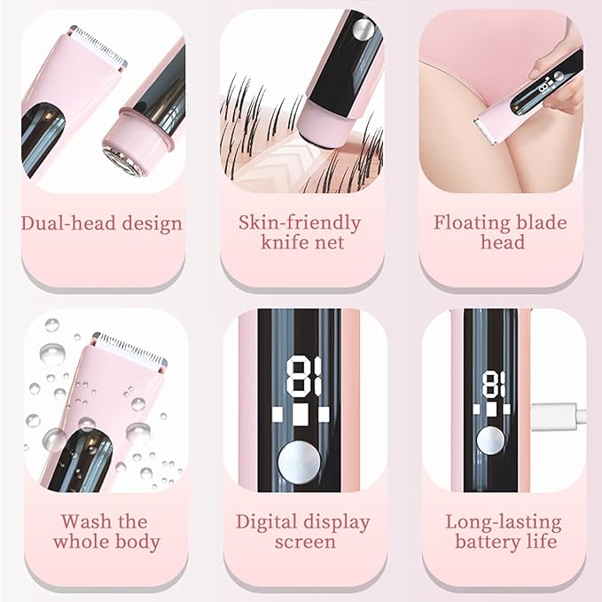 Dermave Bikini Shaver for Women, Bikini Trimmer for Women with Dual Head Shaver, Painless Wet & Dry Electric Razor for Smooth Bikini Line, Rechargeable & Portable, Beige