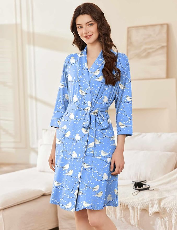 Ekouaer Women Robes Shawl Collar Bathrobe Short Kimono Robe Soft Knit Bathrobes Ladies Sleepwear with Pockets S-XXL