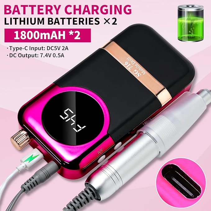 LIMEGIRL Professional Electric Nail Drill Kit 45000RPM Portable Cordless Toenail Cordless Toenail Machine with 14 Drill Bits and Base for Women(Rose Red)