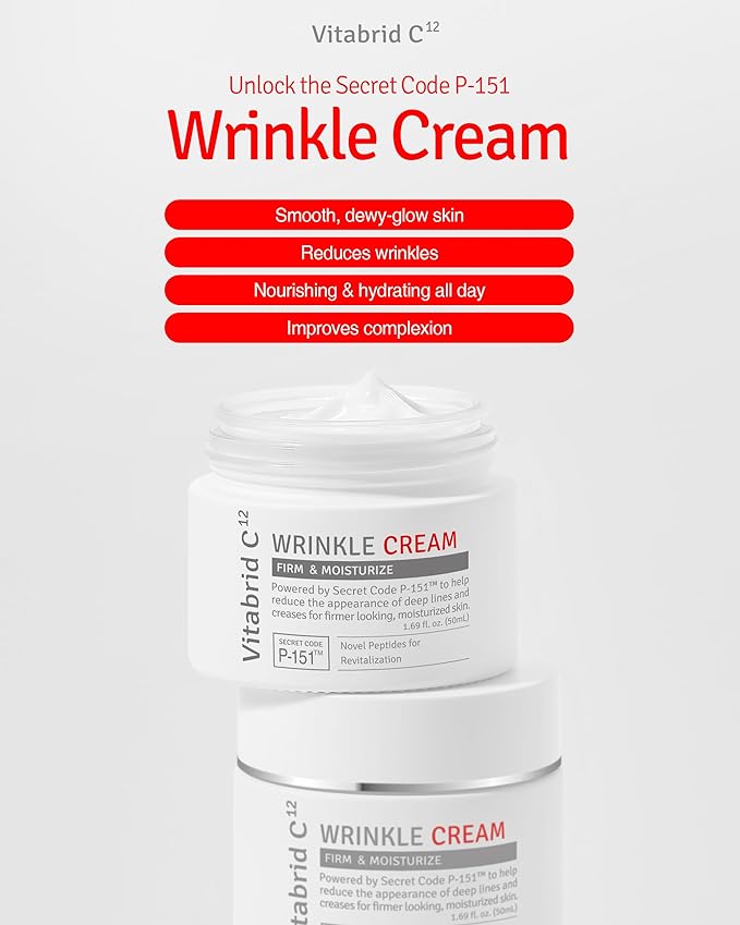 VITABRID C12 Wrinkle Cream - Age Defying Skin Recovery Moisturizer with Peptides, Vitamin C, Shea Butter - Wrinkle Repair Moisturizing Day & Night Skincare for Face and Neck - Fragrance Free, 1.69oz.