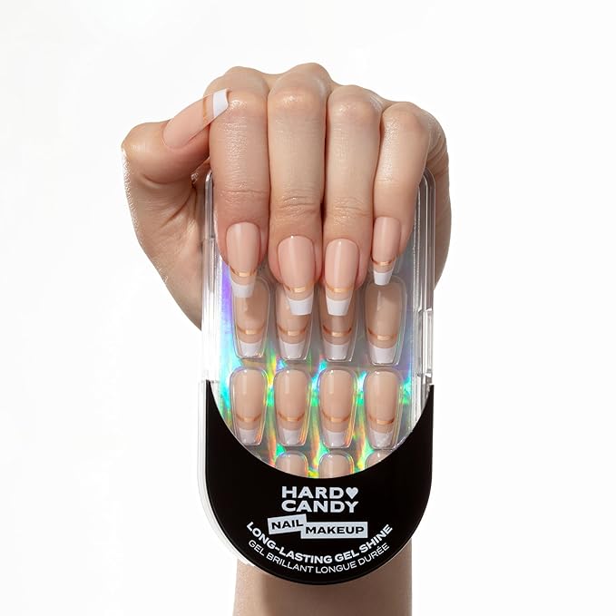 French Tip Press-On Nails – Hard Candy Glossy Gel-Shine False Nail Kit with Nail Glue, 30 Pieces, Reusable (Gold, Long)
