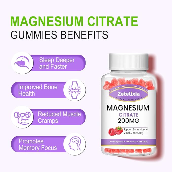 2 Pack Magnesium Citrate Gummies, High Absorption Magnesium Gummies for Adults, Muscle & Teeth Support, Vegan Natural Raspberry Flavor 120 Cts