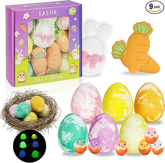 Kids Bath Bombs with Surprise Inside: 9 Pcs Natural Organic Egg Bunny Shaped Basket Stuffers for Kid Girls Boys Bubble Bathbombs Fruit Scented Spa Birthday Gift Set Party Favors Children 3+ Year Old